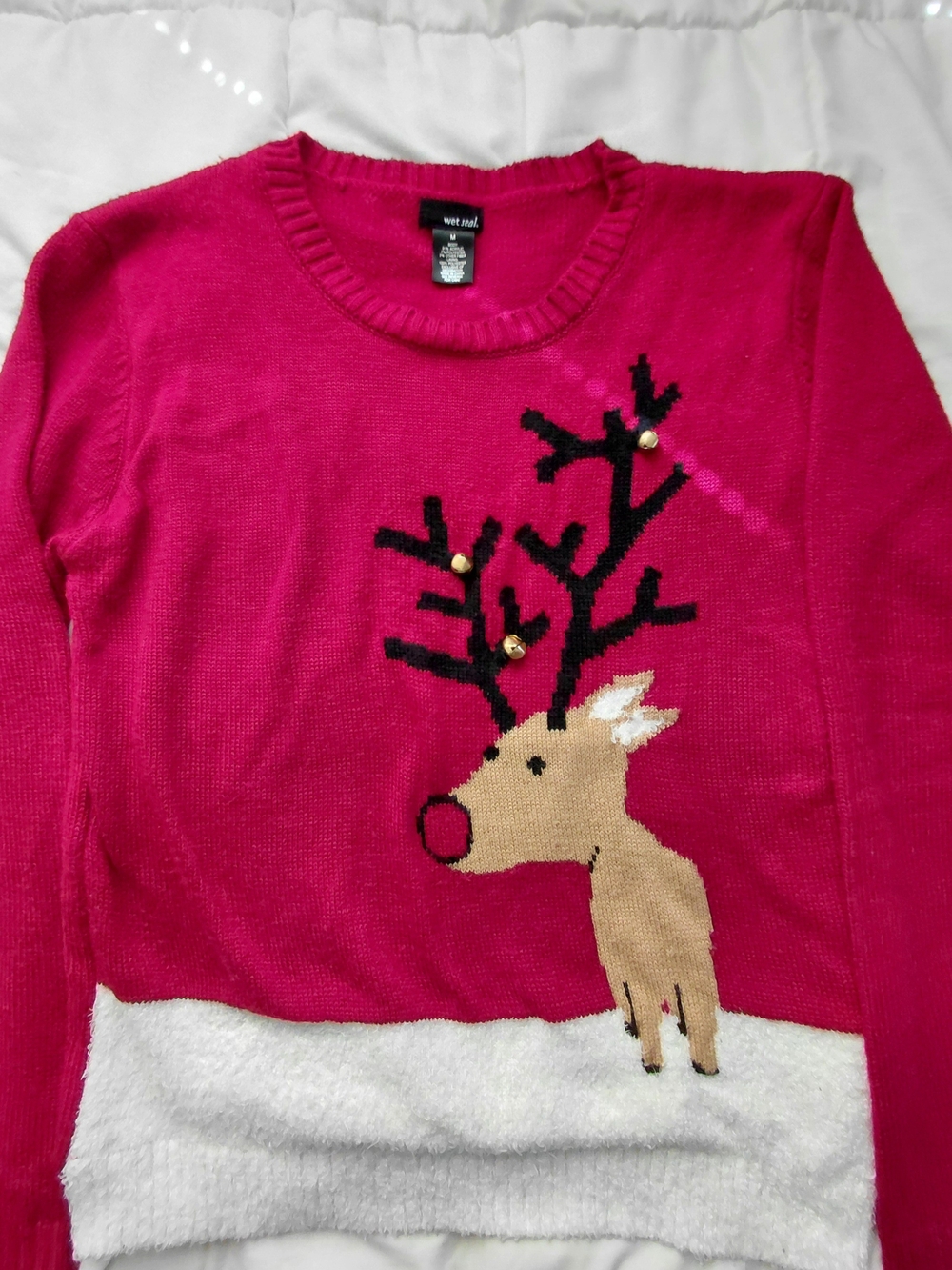 Vintage Women’s Red Holiday Reindeer Sweater Jingle Bells and Fuzzy "Snow" Hem
